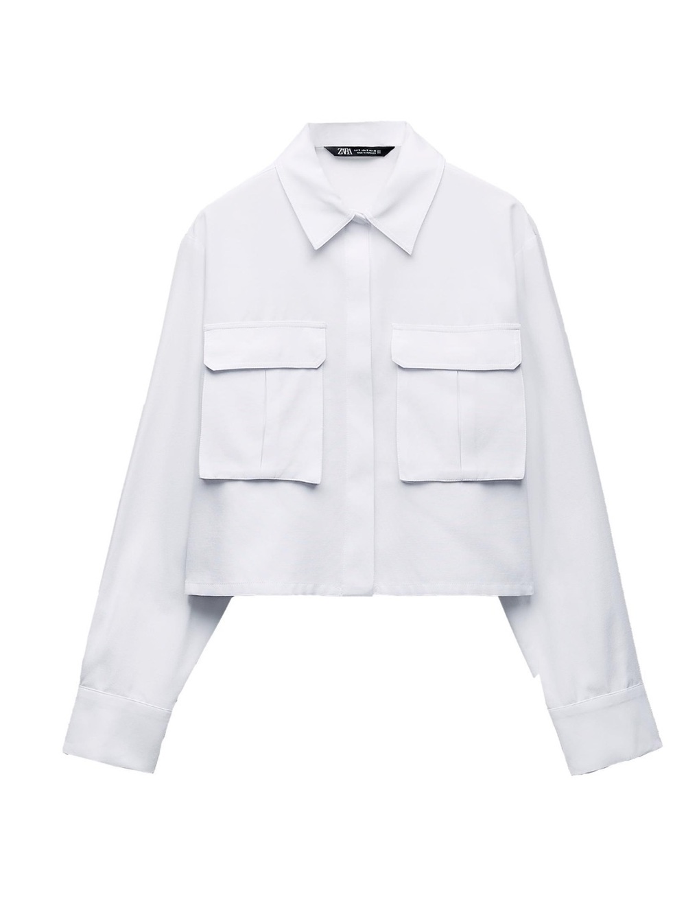 Zara White Cropped Button-Down Shirt with Flap Pockets